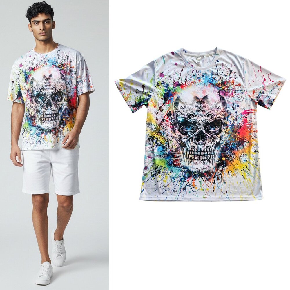 Skull Grunge Graphic Printed Multicolor on White Sport Tee Shirt Men's XXL